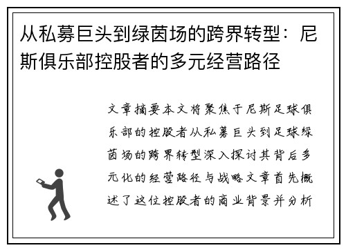 从私募巨头到绿茵场的跨界转型：尼斯俱乐部控股者的多元经营路径