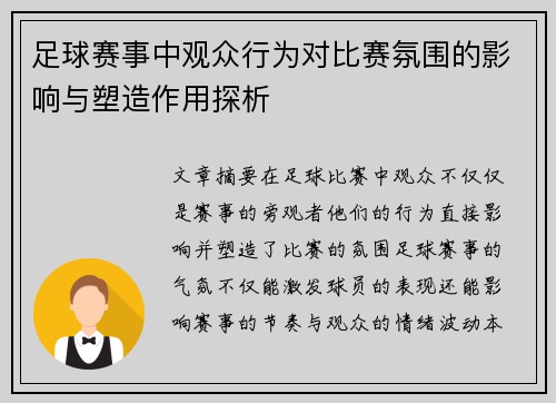 足球赛事中观众行为对比赛氛围的影响与塑造作用探析