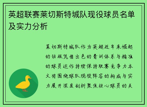 英超联赛莱切斯特城队现役球员名单及实力分析